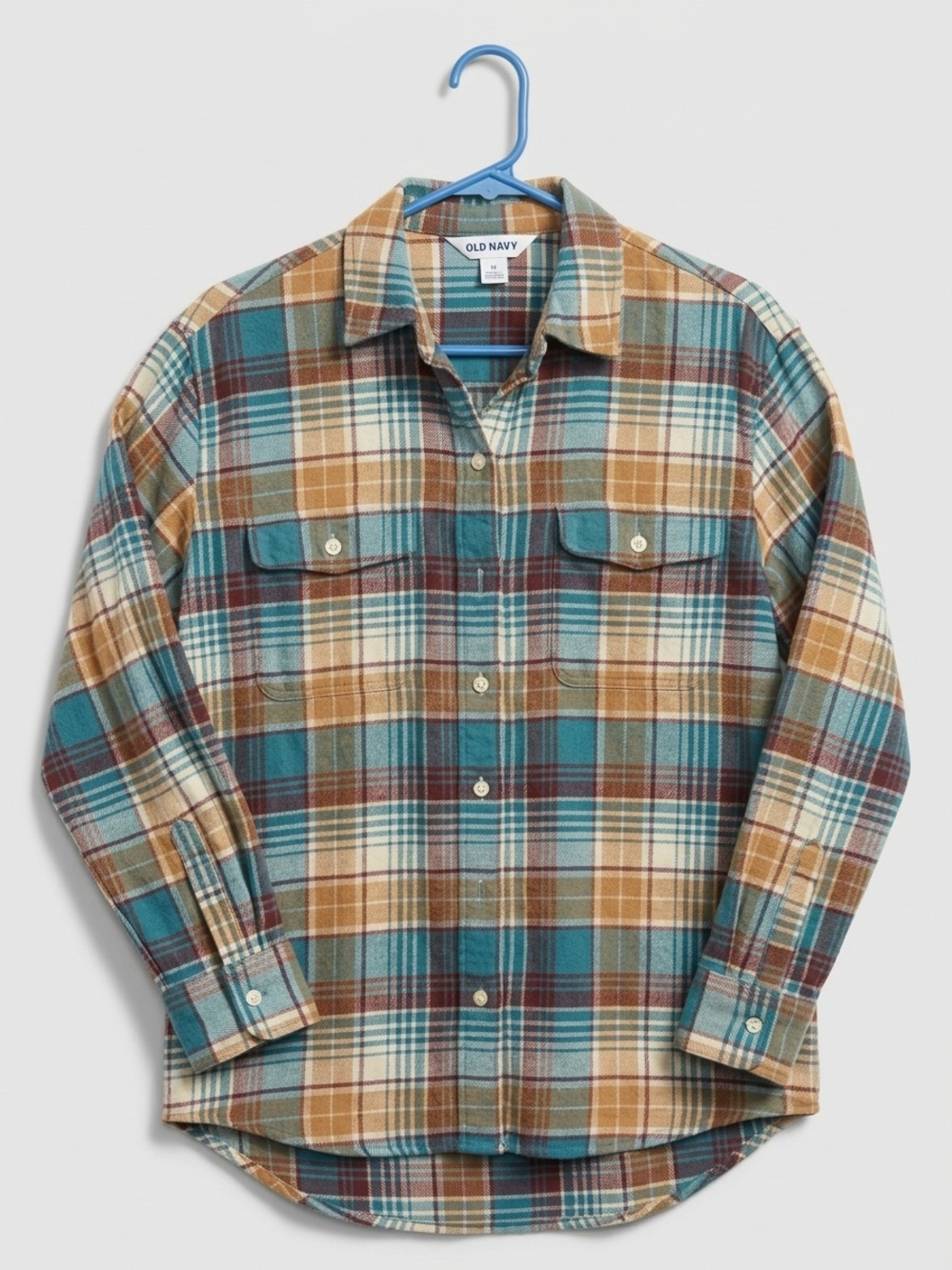 Old Navy The Boyfriend Shirt Plaid Flannel Teal Brown Cream Size Medium - Picture 2 of 3